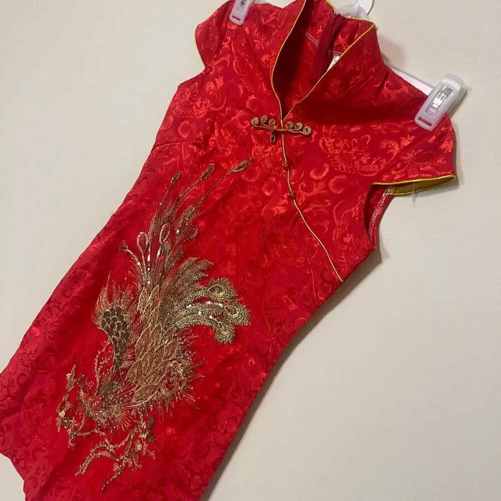 Cosplay Life Red and Gold Phoenix‎ Brocade Chinese Traditional Cheongsam Dress S
